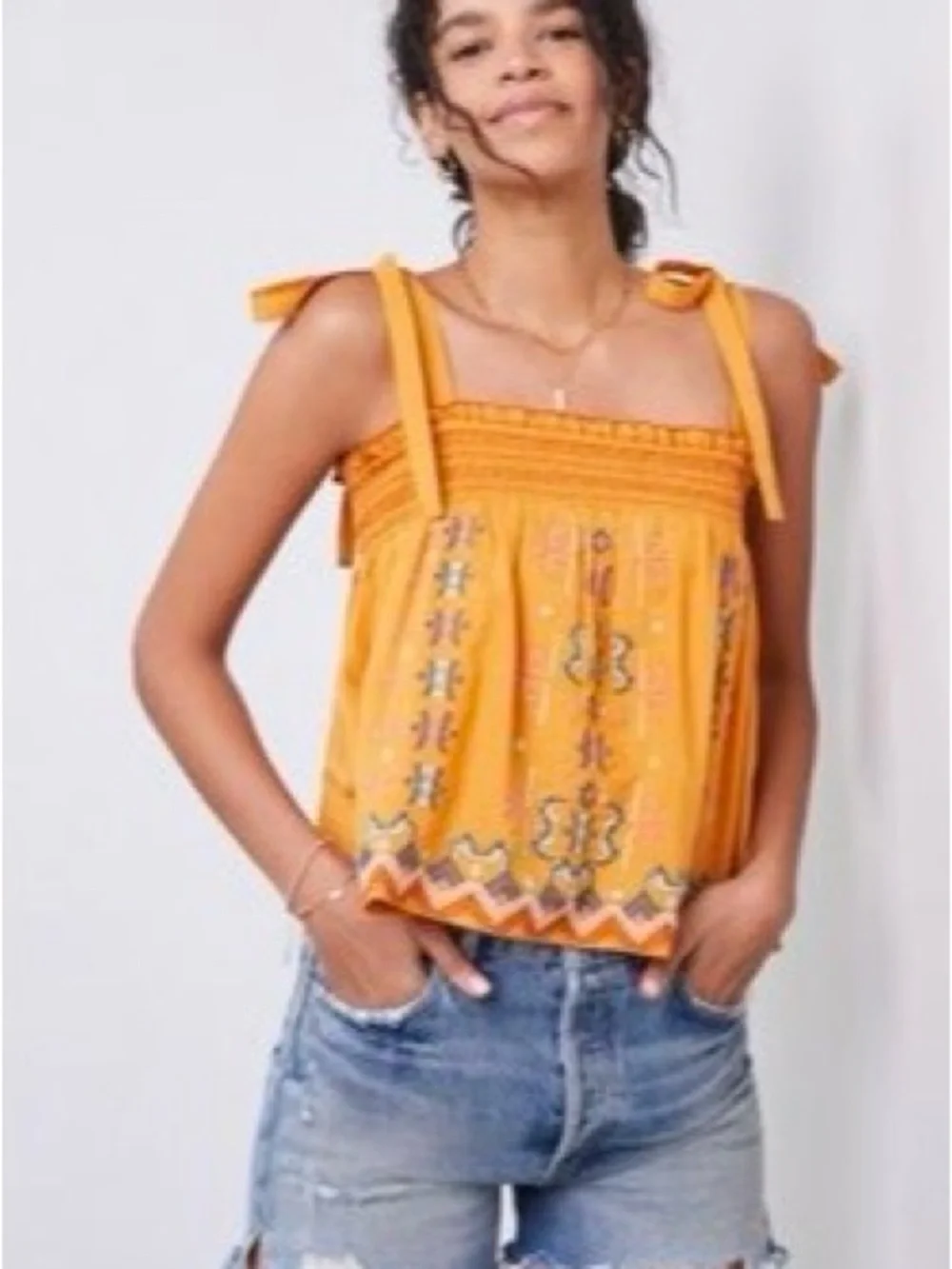 NWOT Anthropoligie Orange Embroidered Tie-Strap Tank Top